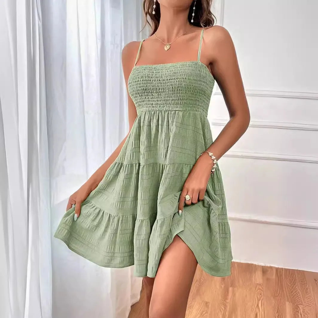 Summer Solid Color Thin Strap One-Line Neckline Versatile Dress