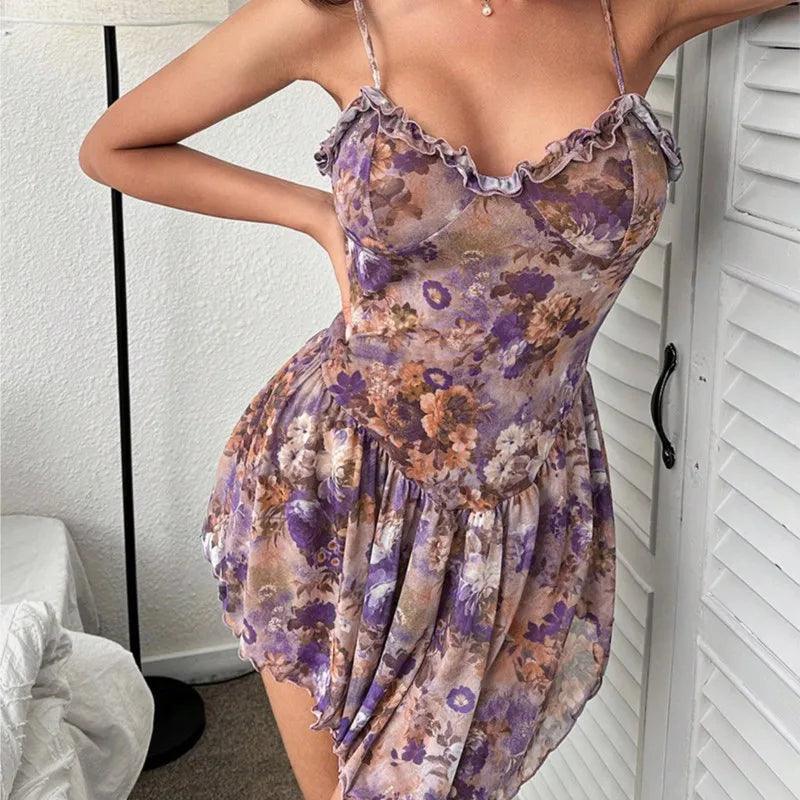 Babydoll Floral Pleated Camisole Skirt Nightgown Sexy Lingerie