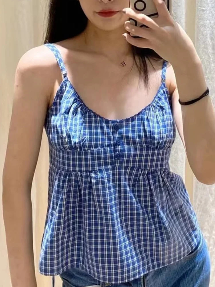 Blue Plaid Button Camisole Sleeveless Vintage Summer Top