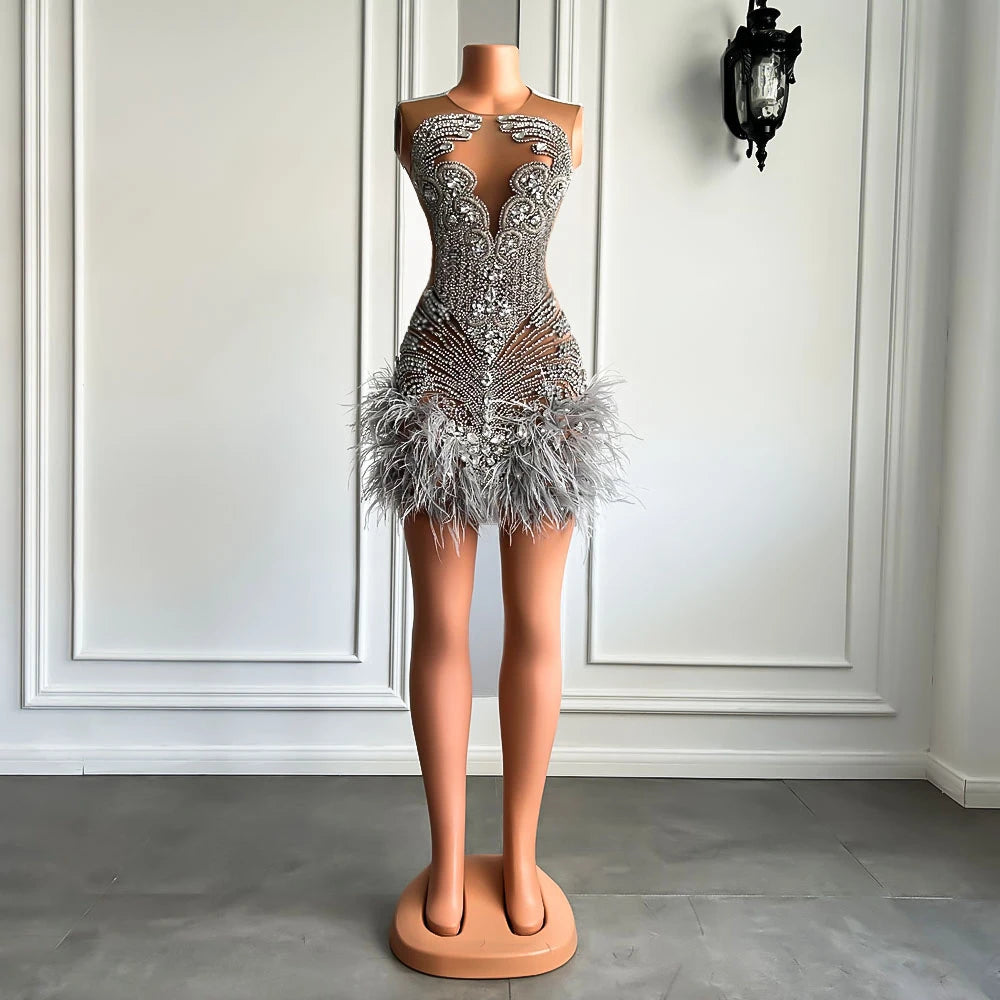 Sparkly Diamond Luxury Pink Feather Mini Dress