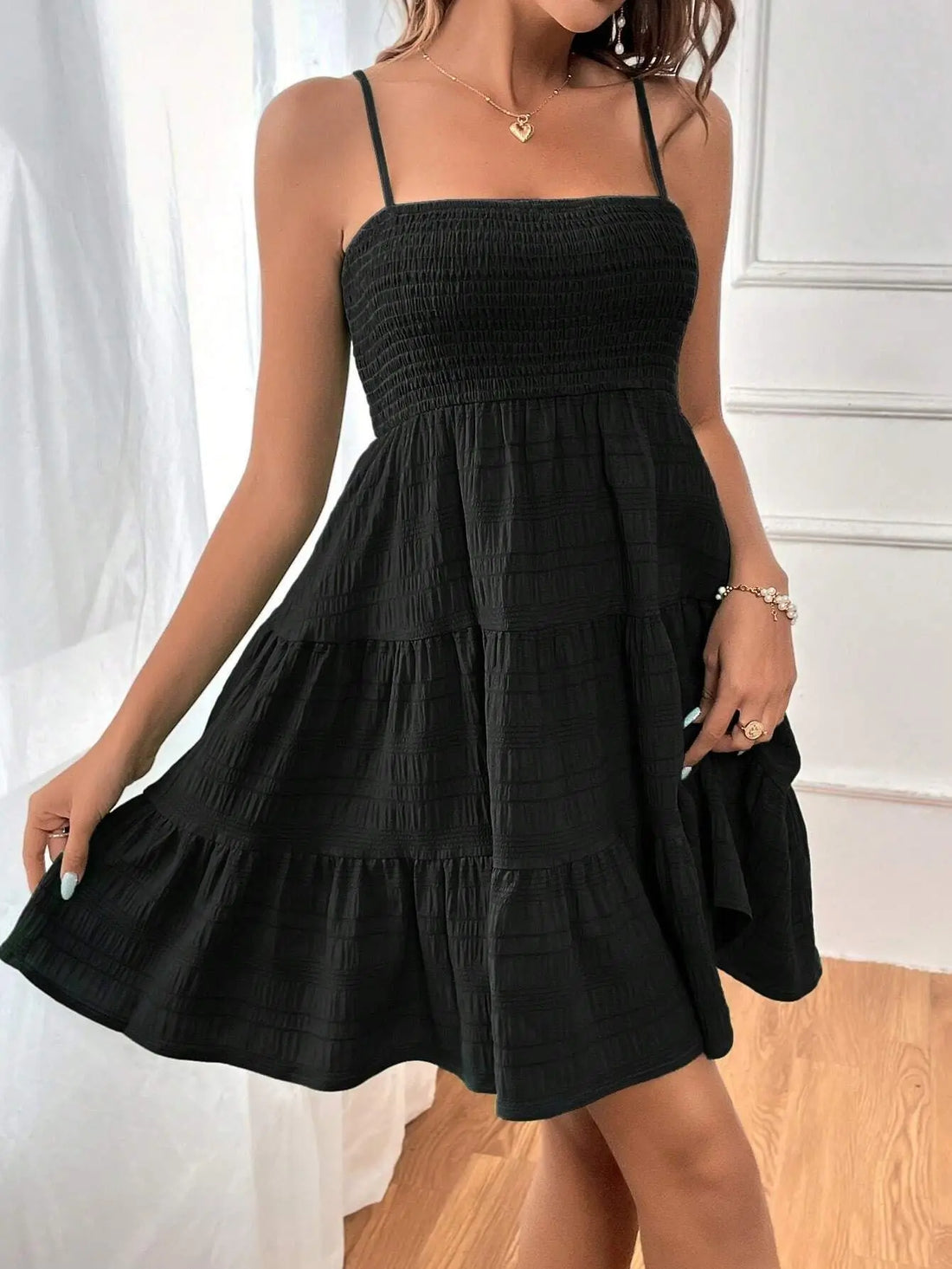 Summer Solid Color Thin Strap One-Line Neckline Versatile Dress