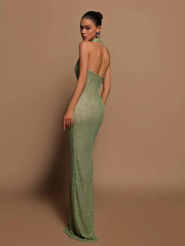 Sexy Green Halter Deep V Neck Sequined Maxi Party Dress