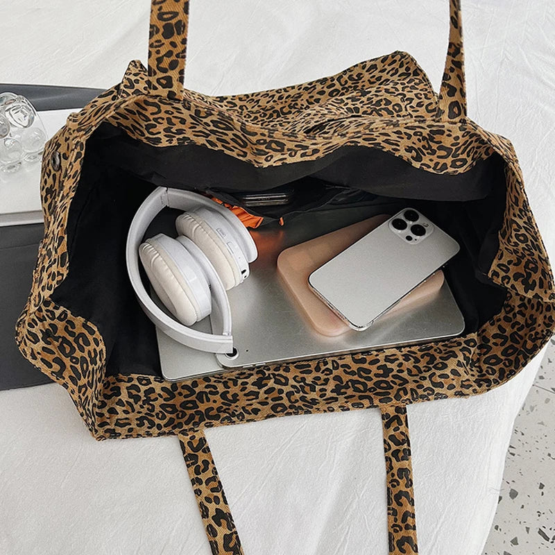 Oversized Leopard Print Canvas Shoulder Bag