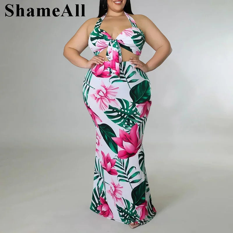 Plus Size Floral Two-Piece Halter Crop Top Maxi Set