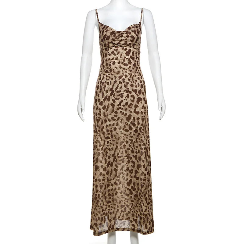 Vintage Leopard Print Spaghetti Strap Backless Summer Dress