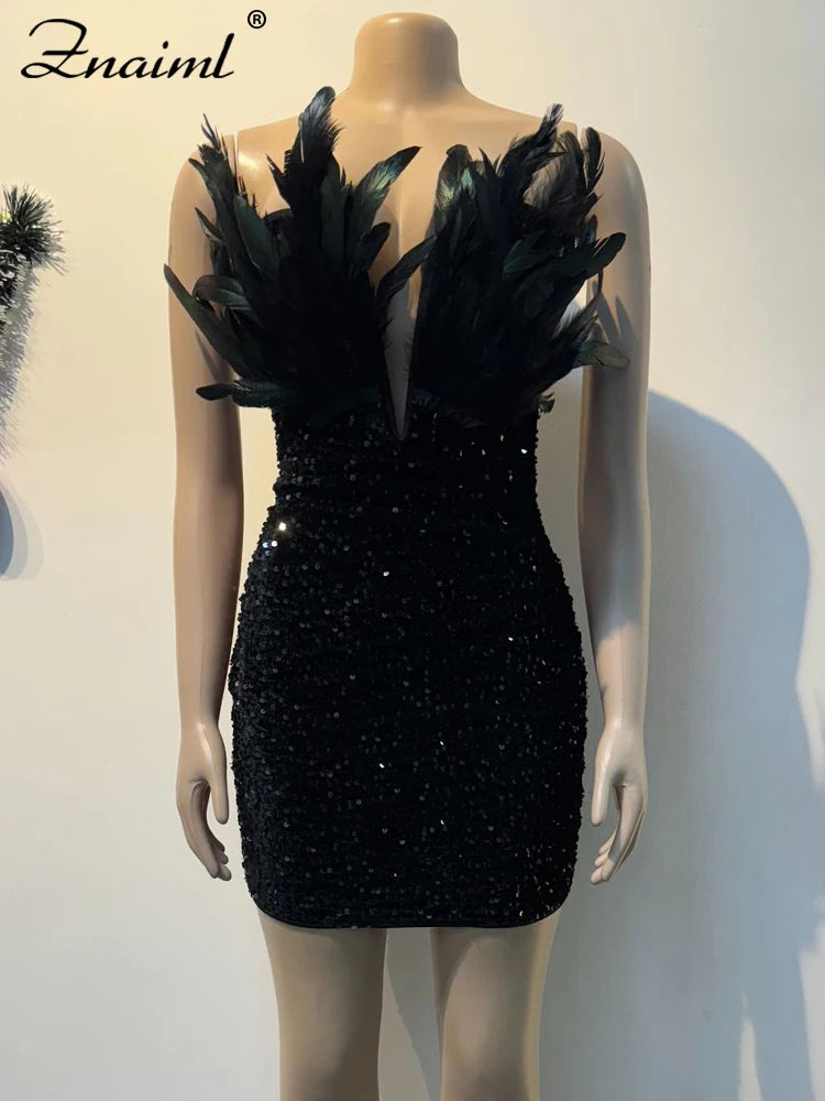 Luxury Black Bodycon Sequin Feather Dress