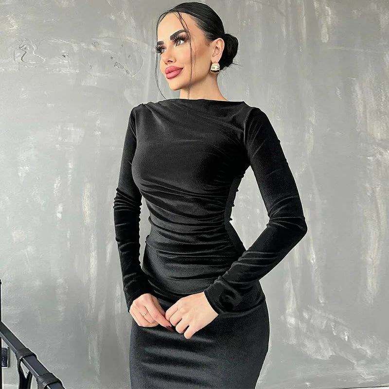 Spring Summer Velvet Long Sleeve Ruched Midi Dress