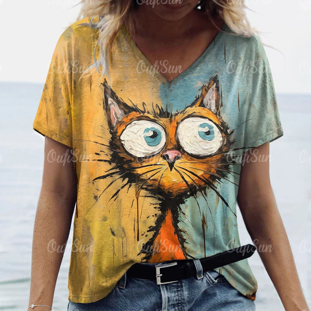 Oversized Cat Print Crew Neck Casual T-Shirt