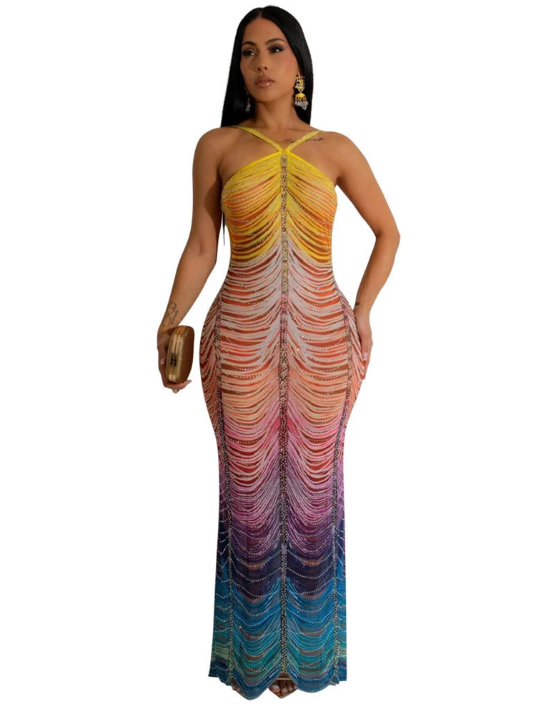 Gradient Rhinestone Tie Dye Halter Mermaid Dress