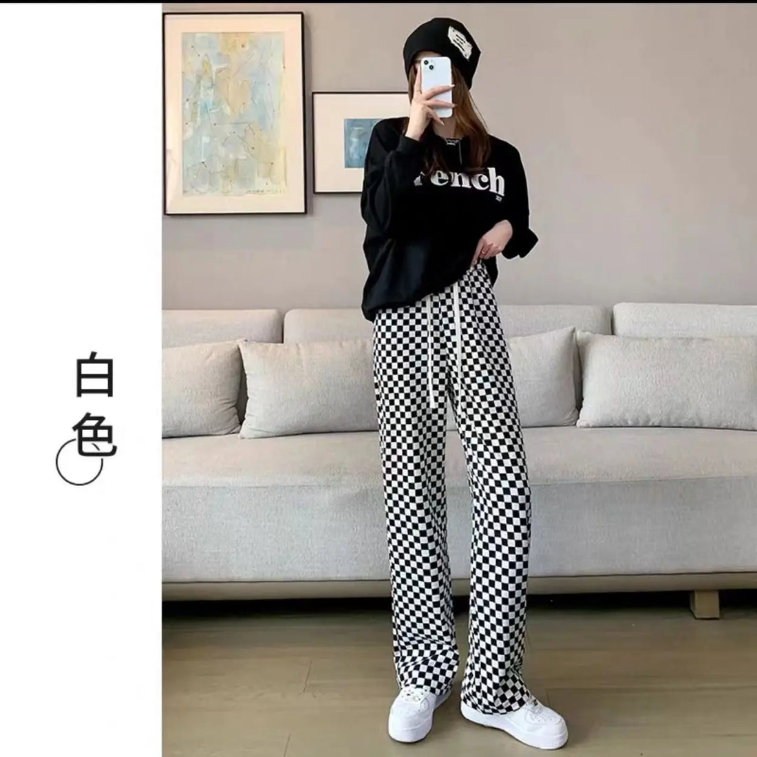 Plaid Loose Trousers High Waist Elastic Baggy Casual Pants