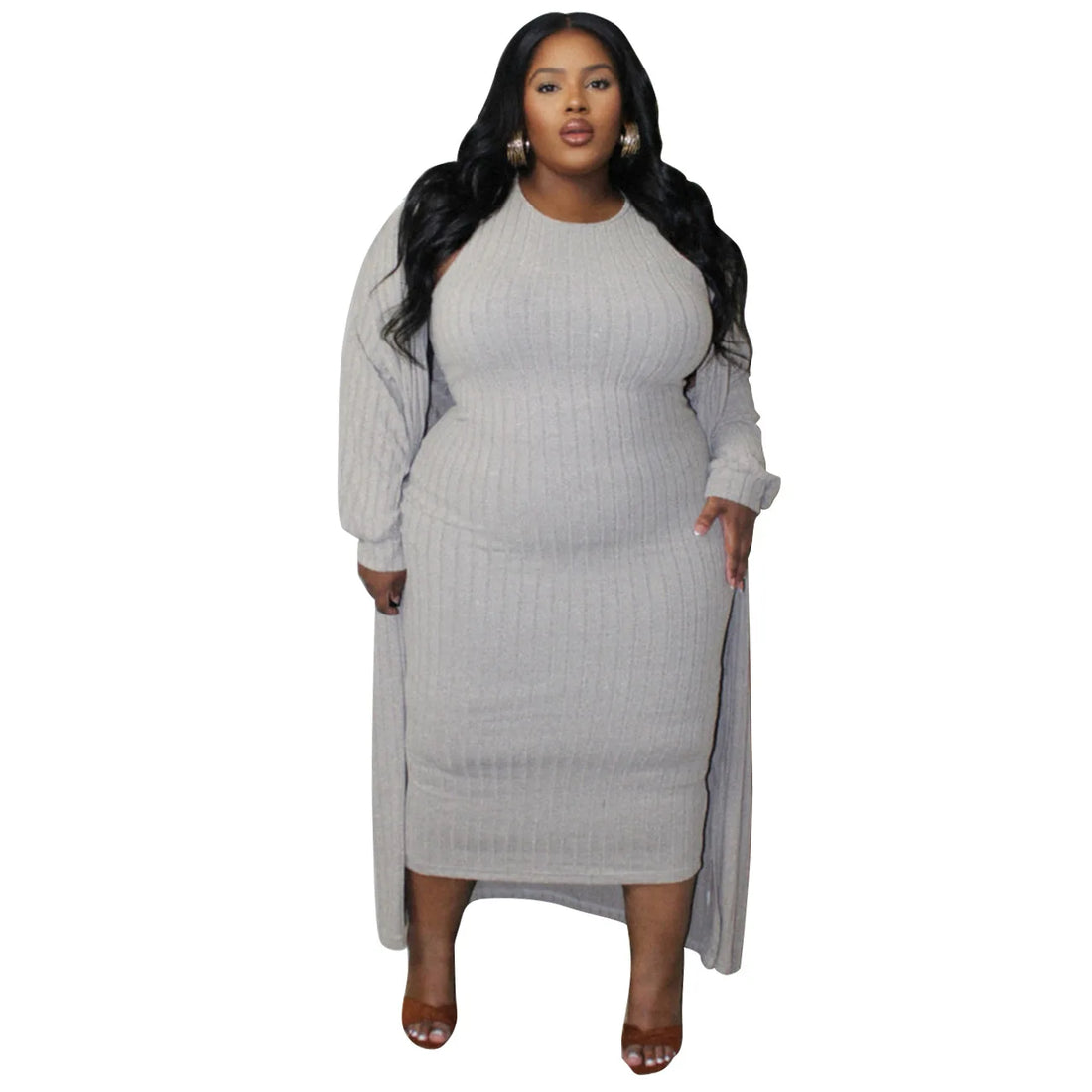 Plus Size Ribbed Cardigan and Dress