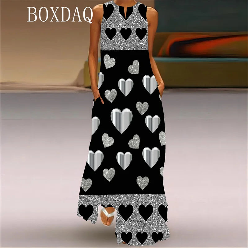 Elegant Gradient Love-Printed Long Dress