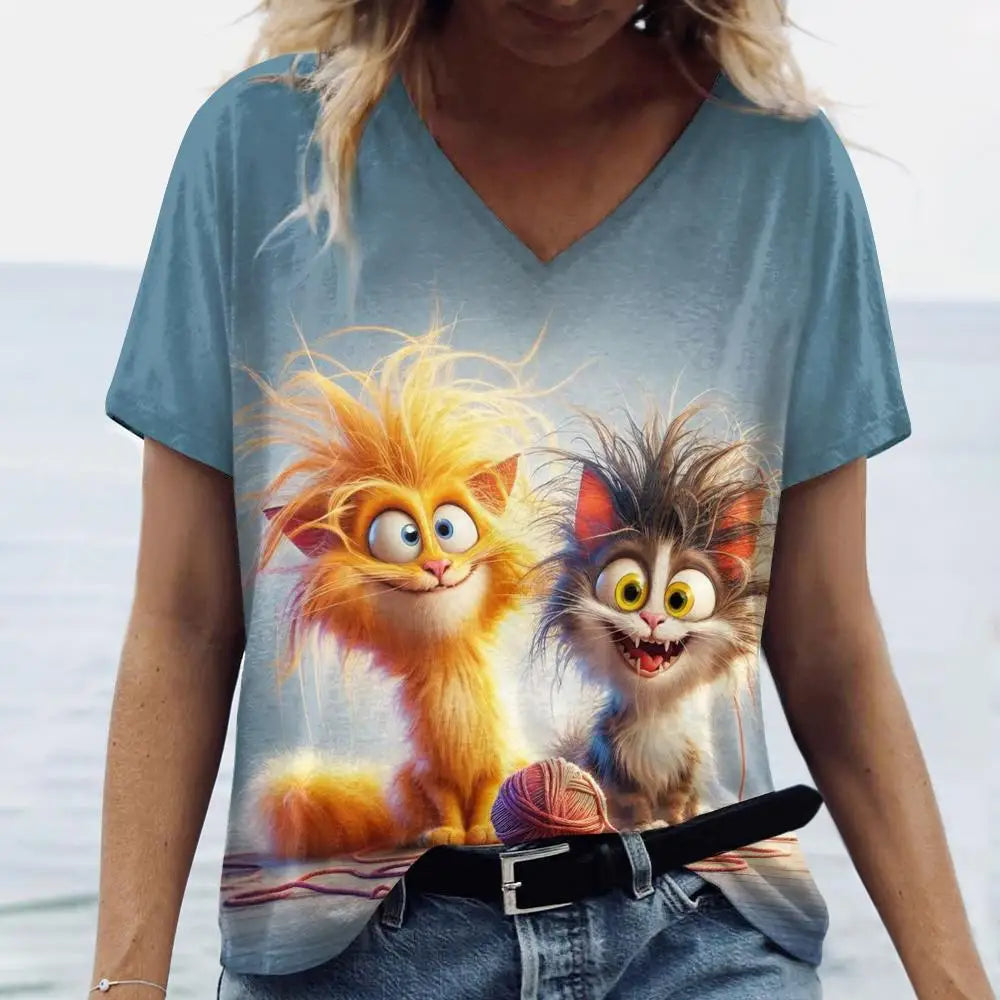 Oversized Cat Print Crew Neck Casual T-Shirt