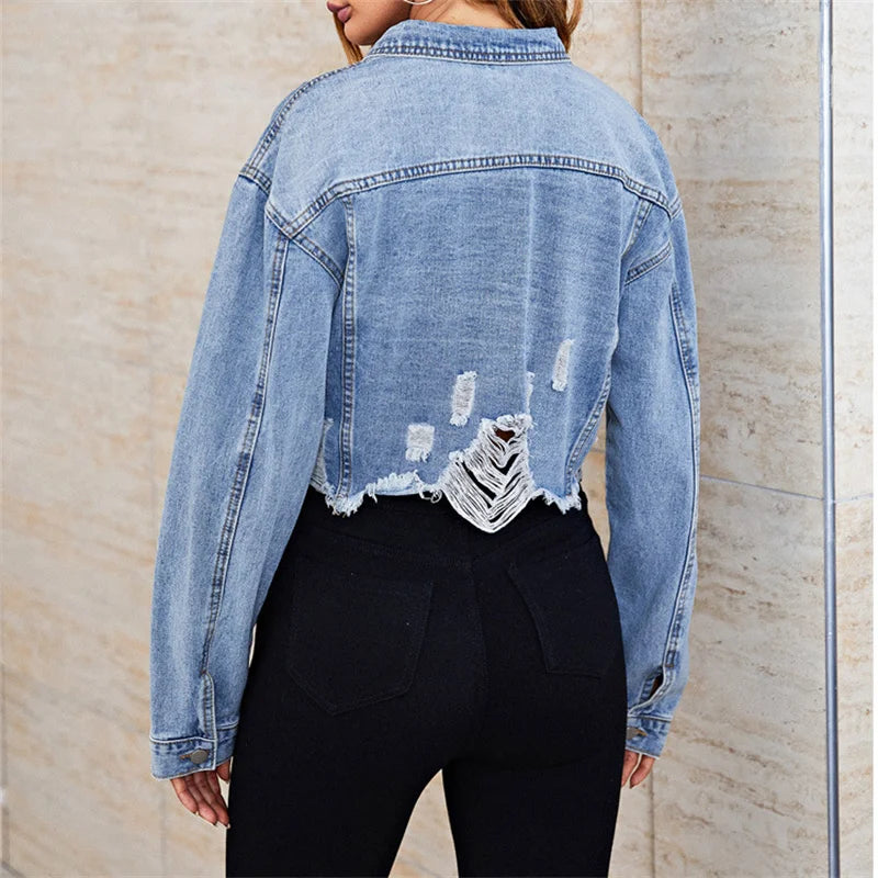 Fashion Broken Holes Tassel Hem Denim Jacket