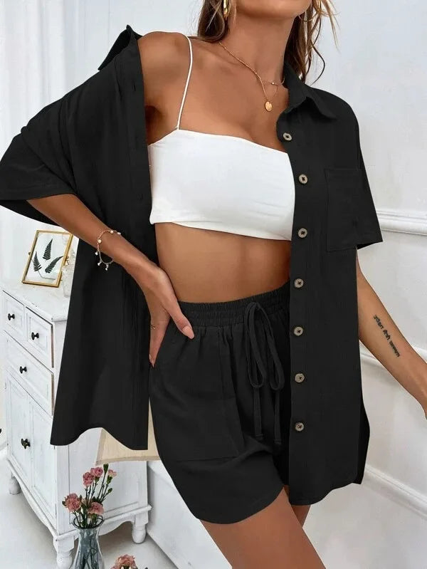 Ladies Casual Summer Suit Loose Shirt Shorts Two-Piece Set