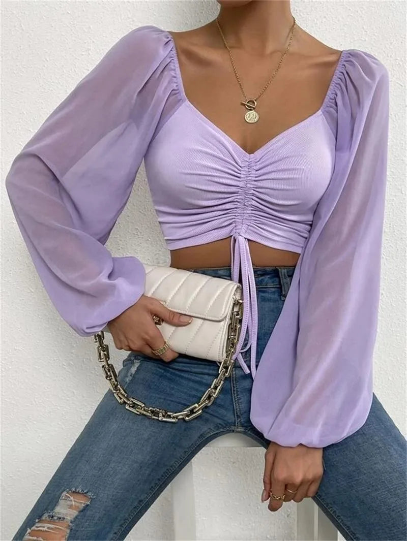 Sweetheart Neck Ruched Lantern Sleeve Crop Top