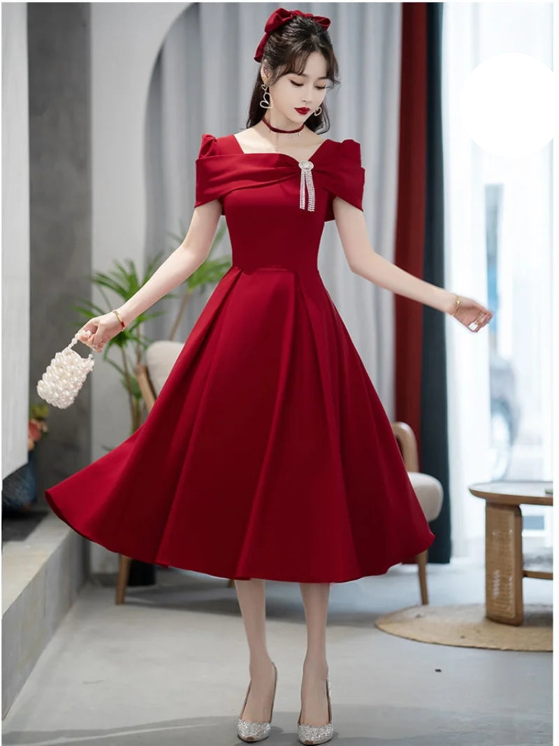 Elegant Solid Color Square Collar Long Sleeve A-line Dress