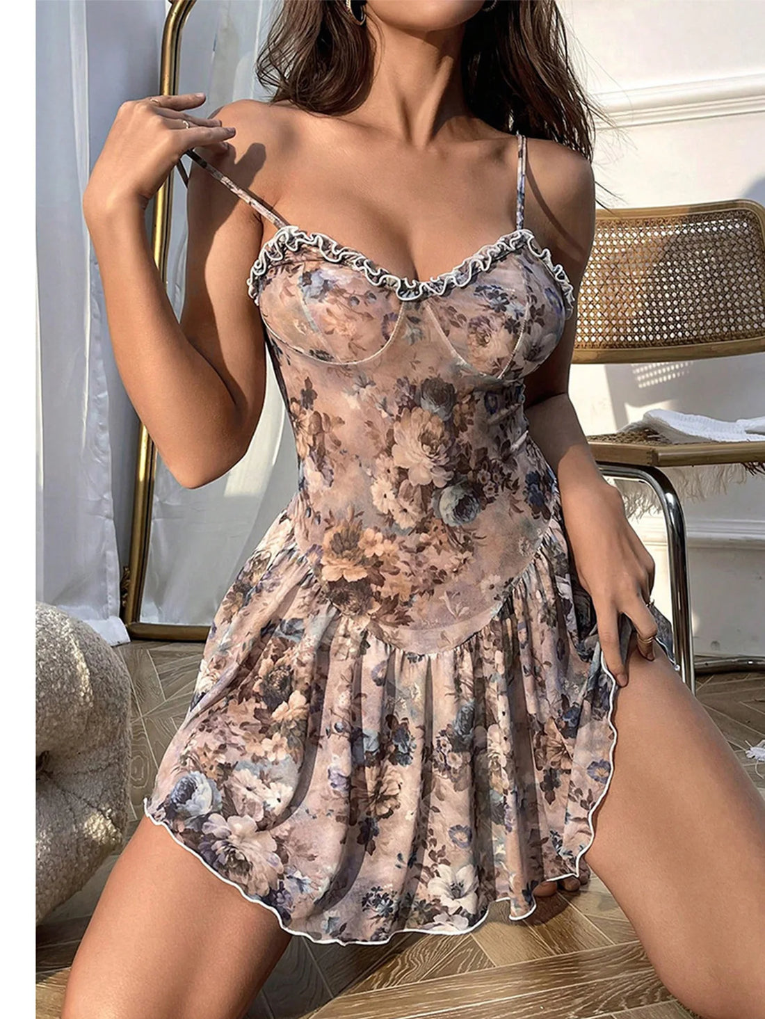 Babydoll Floral Pleated Camisole Skirt Nightgown Sexy Lingerie