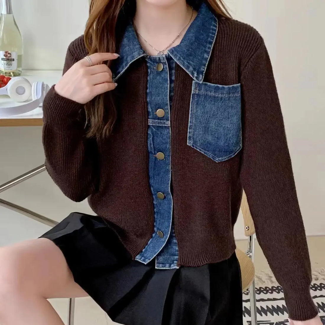 Small Spring Autumn Black Patchwork Denim Jacket