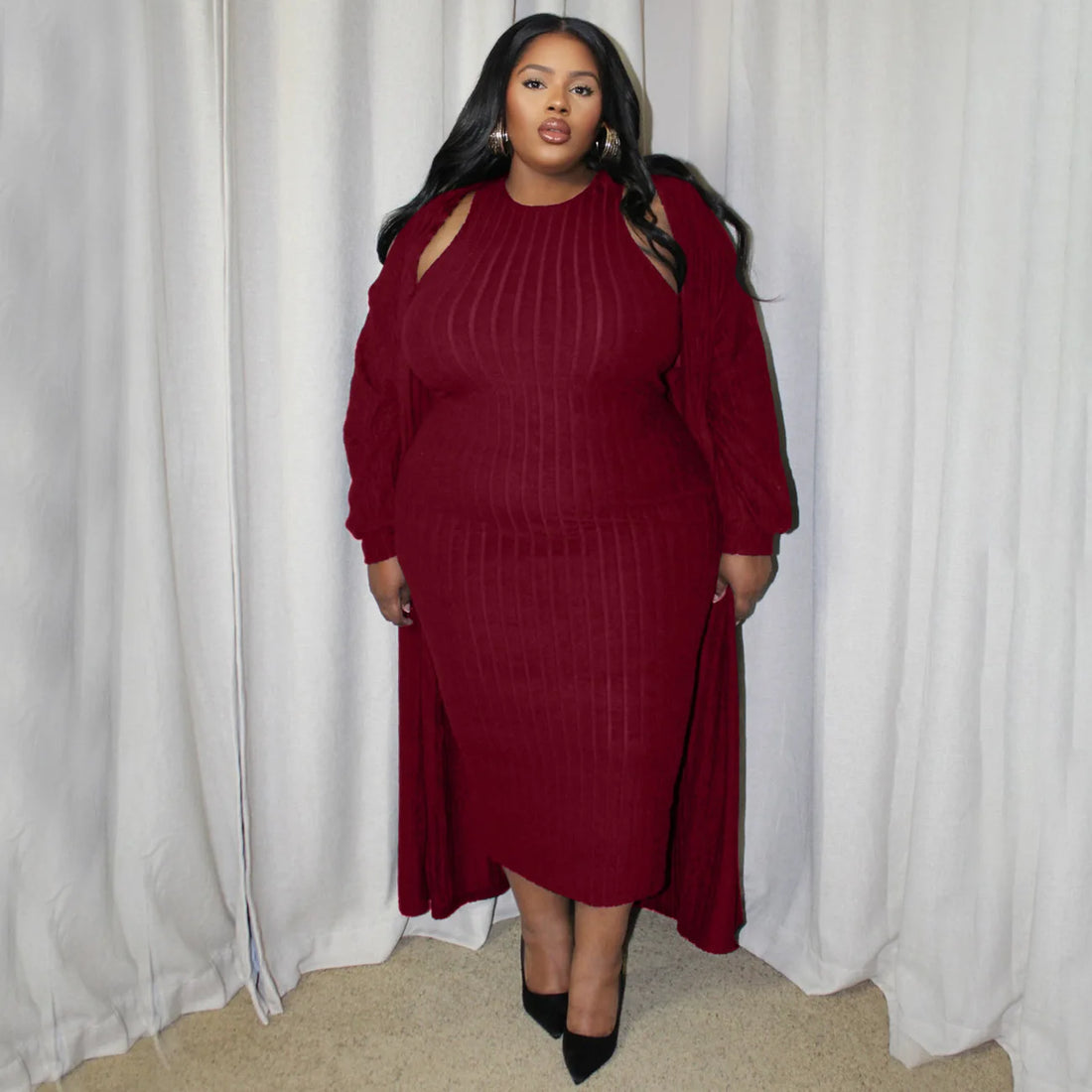 Plus Size Ribbed Cardigan and Dress