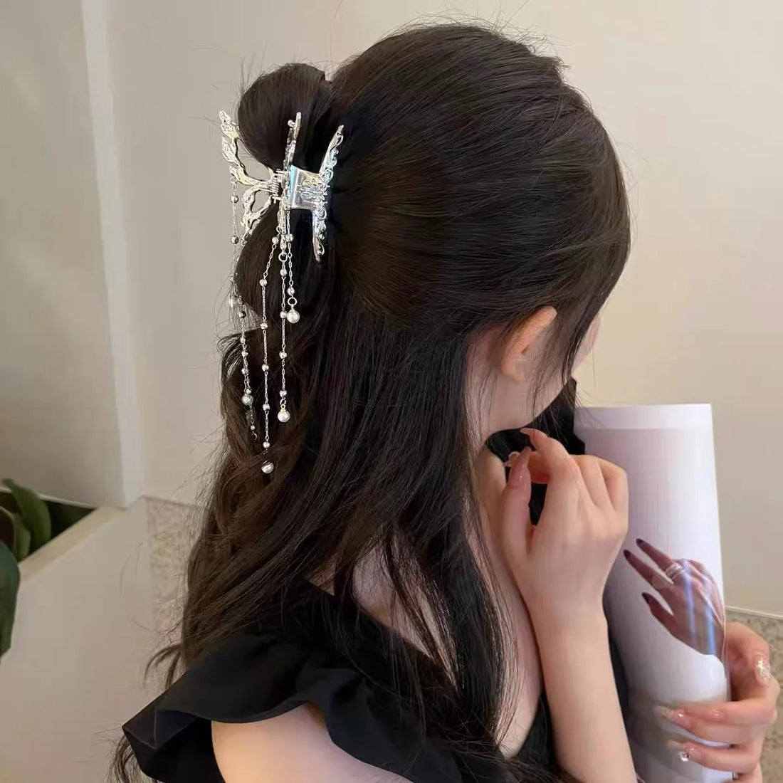 Pearl Tassel Hair Claw Clip for Women and Girls