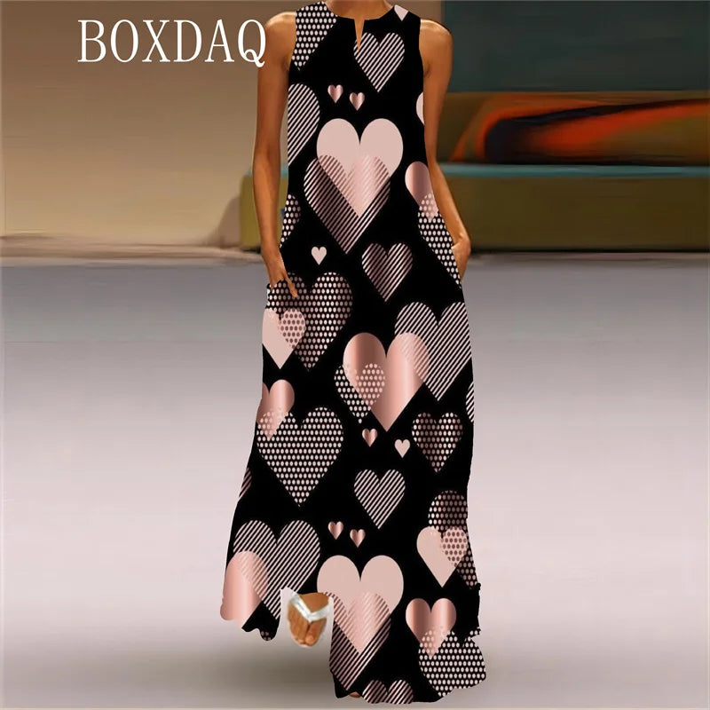 Elegant Gradient Love-Printed Long Dress