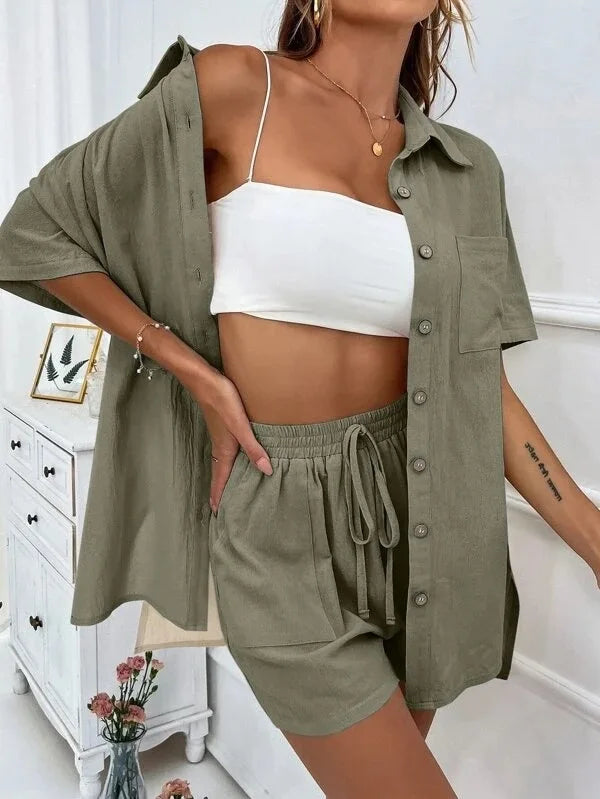 Ladies Casual Summer Suit Loose Shirt Shorts Two-Piece Set