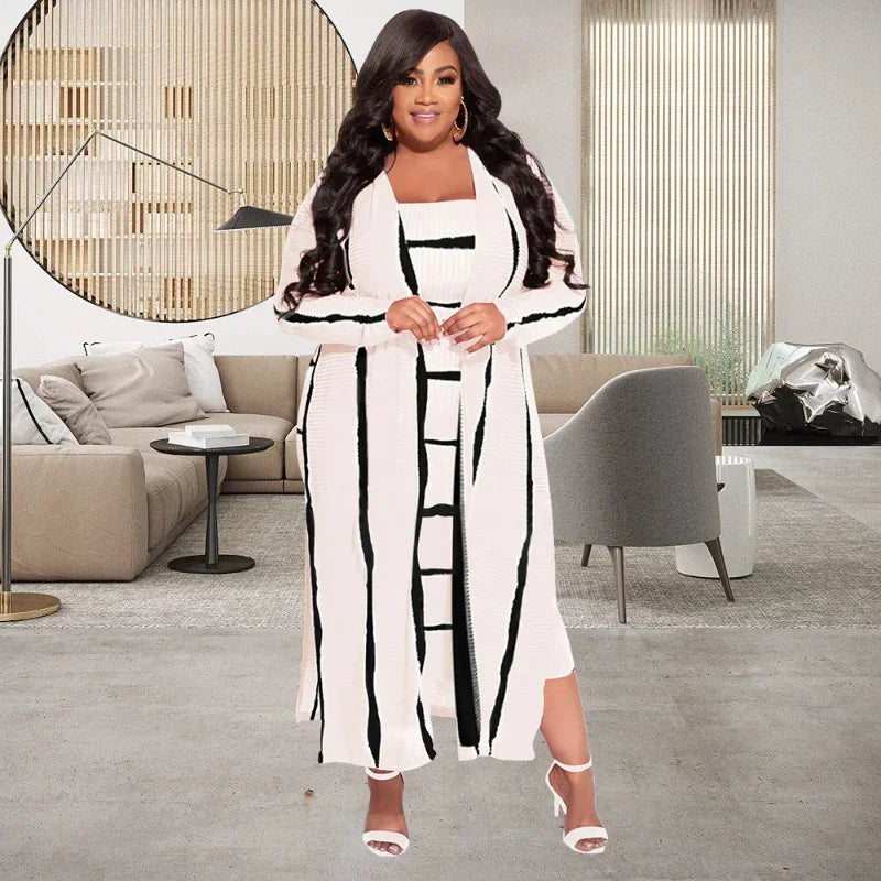 Striped Rib Knit Plus Size Strapless Bodycon Dress Set