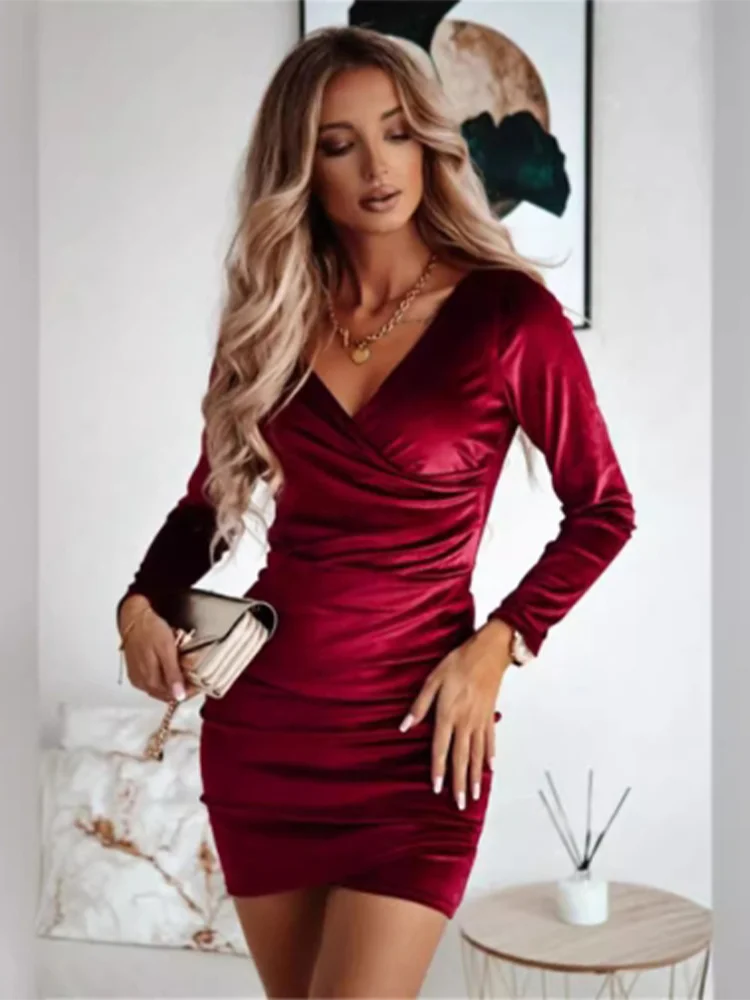 Sexy Red V-Neck Long Sleeve Mini Dress