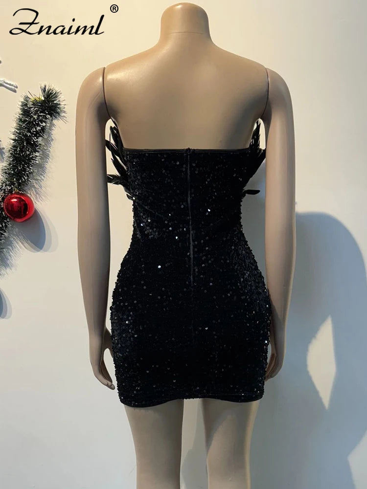 Luxury Black Bodycon Sequin Feather Dress