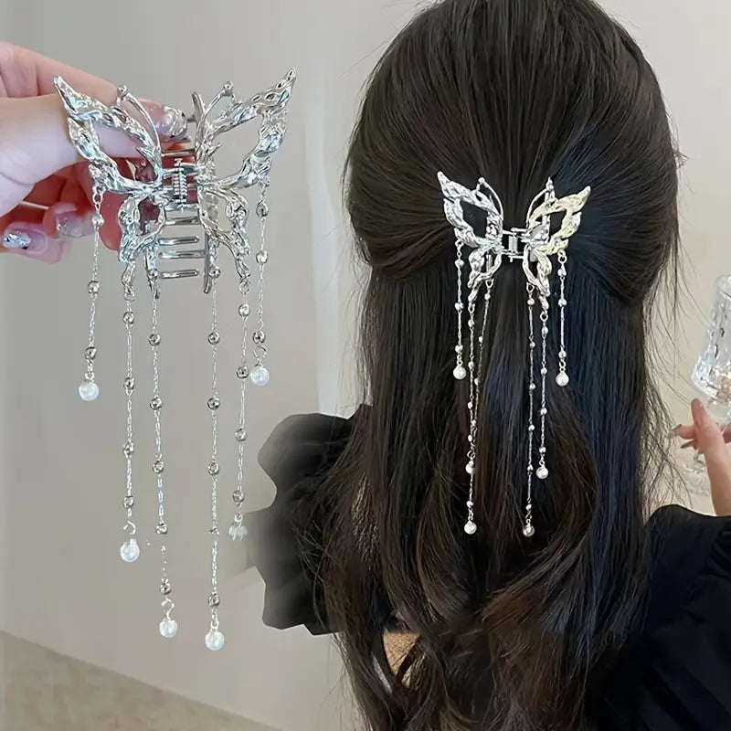 Pearl Tassel Hair Claw Clip for Women and Girls