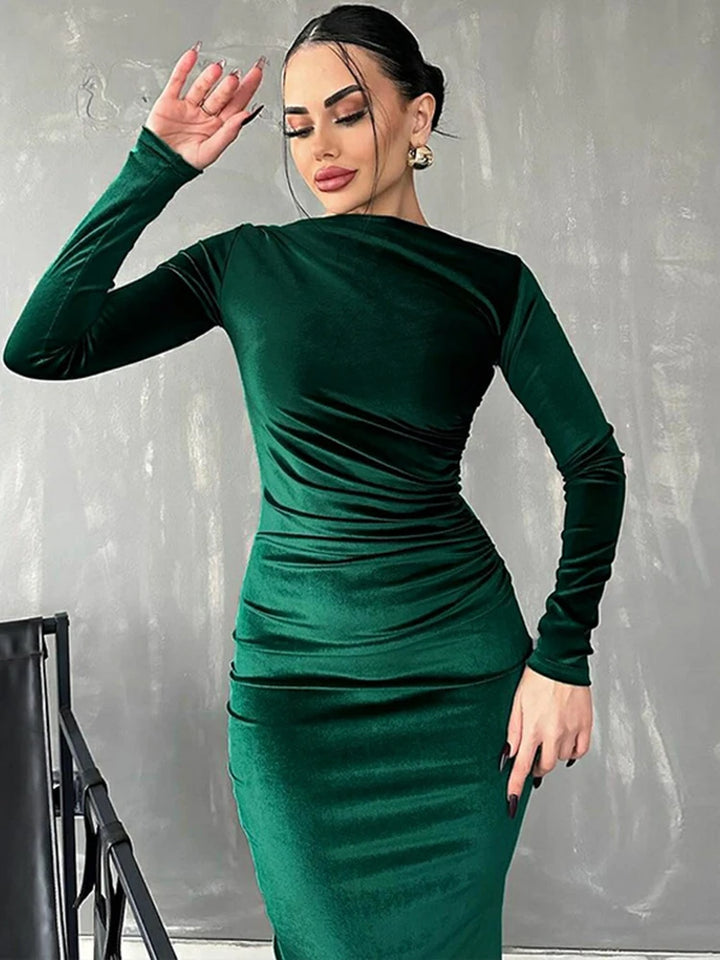 Spring Summer Velvet Long Sleeve Ruched Midi Dress