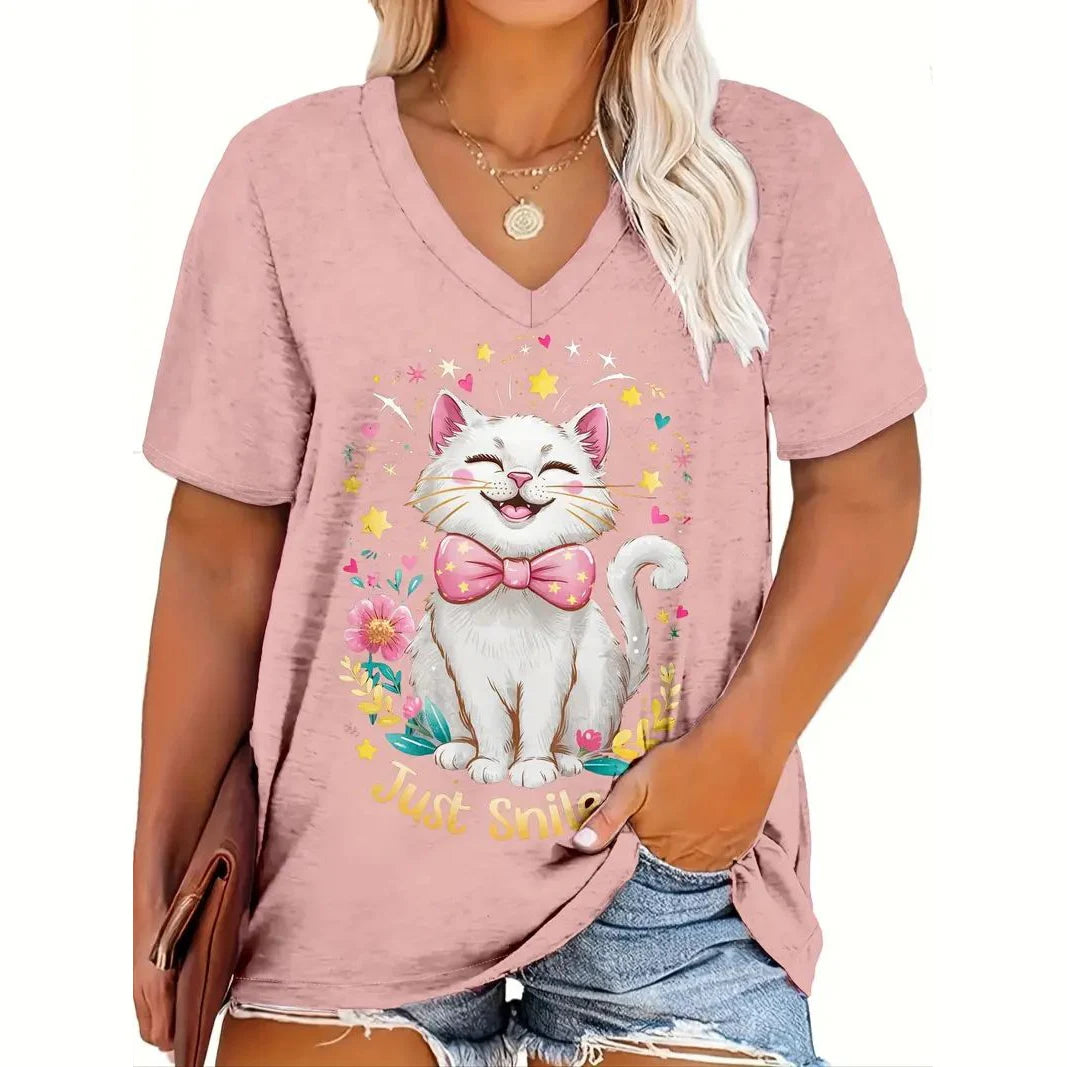 Oversized Cat Print Crew Neck Casual T-Shirt