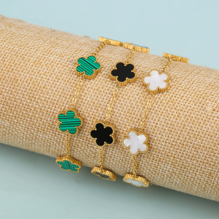 Adjustable Gold-Plated Stainless Steel Five-Leaf Clover Bracelet