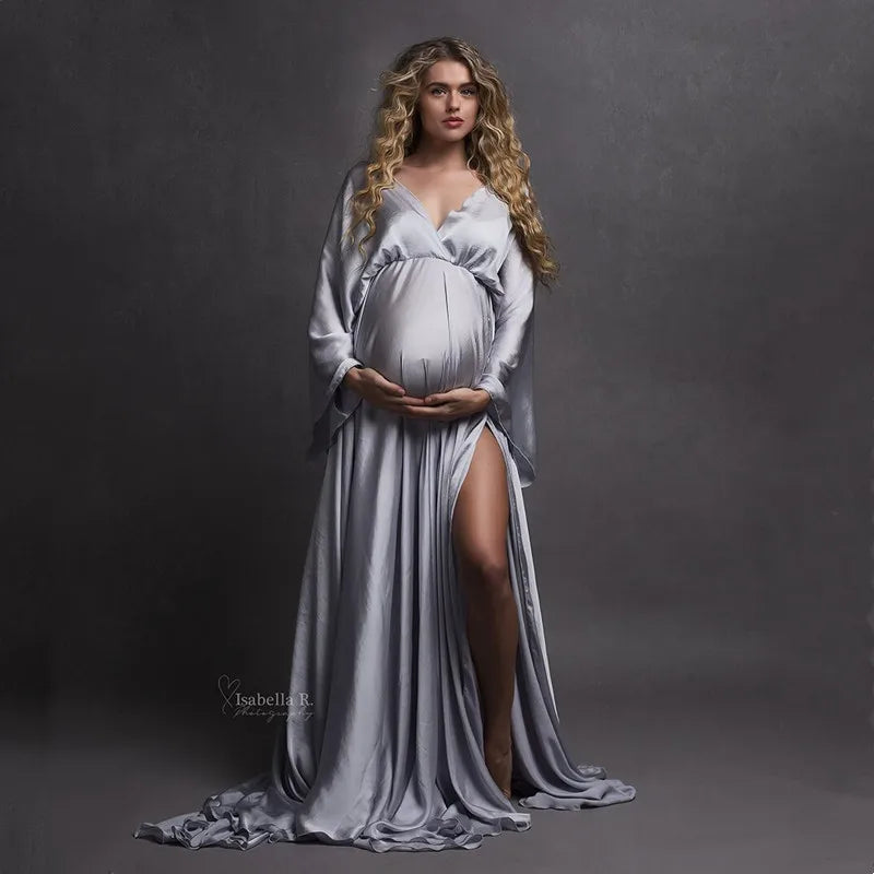 Boho V-neck Satin Maternity Dress