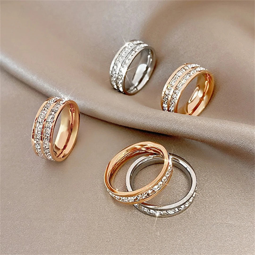 Luxury Rose Gold Double Row Zircon Stainless Steel Ring