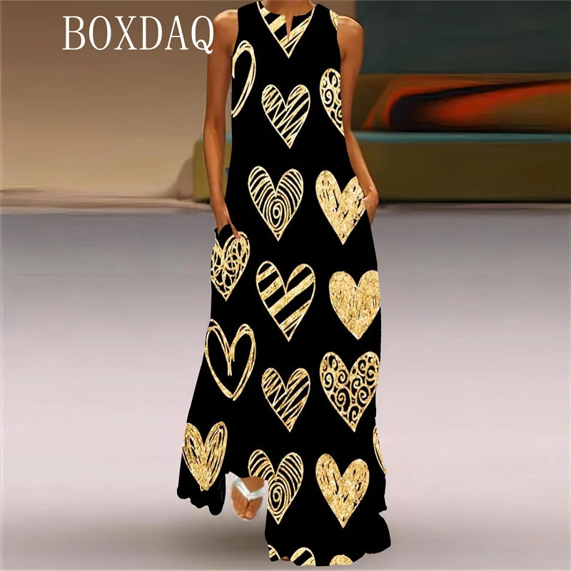 Elegant Gradient Love-Printed Long Dress