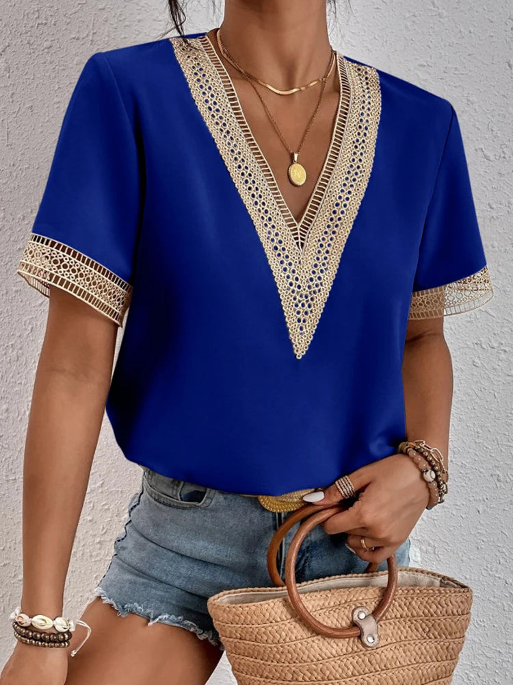 Summer Lace V-Neck Casual Short-Sleeve Pullover Blouse