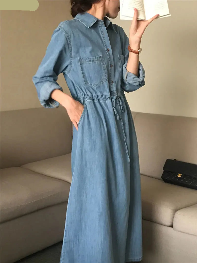 Women Retro Vintage Blue Long Shirt Dress